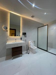 a bathroom with a toilet and a sink and a mirror at فندق اسيل نجمة واحدة in Salhabah