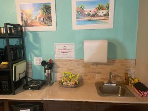 a kitchen counter with a sink and a coffee maker at Albury's Haven in Nassau
