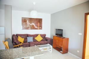 a living room with a couch and a tv at Apartamentos Avenida Areas II in Sanxenxo