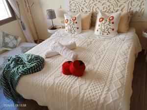 two stuffed animals are sitting on a bed at sunny amazigh apt avev piscine pool steps from beach 2balcony 2smartTV pool in Essaouira +21 photos