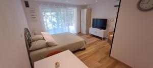 a small bedroom with a bed and a television at Studio calme proche de Nice in Colomars