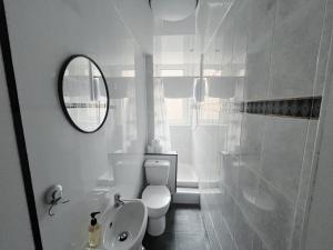 a white bathroom with a toilet and a mirror at Edinburgh Cozy Apartment in Edinburgh +18 photos