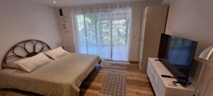 a bedroom with a bed and a flat screen tv at Studio calme proche de Nice in Colomars