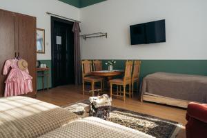 a bedroom with a bed and a table and a tv at Willa Pałacyk in Świeradów-Zdrój