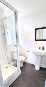 a white bathroom with a toilet and a sink at Spacious 4 Bedroom House, Old Town in Swindon