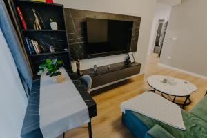 a living room with a couch and a tv at Lumea Noir - Designer Apartment in Timișoara in Timişoara