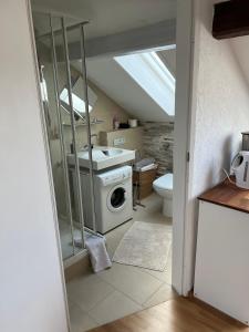 a bathroom with a washing machine and a toilet at Studio Banniza in Wolfratshausen +38 photos