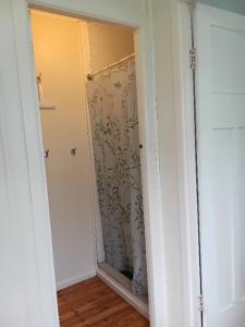 a closet with a shower curtain in a room at Claras Togs and Towels in Waihi Beach +2 photos