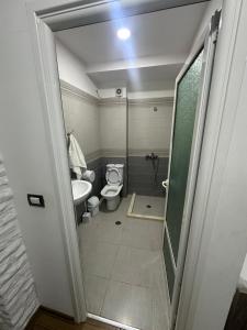 a small bathroom with a toilet and a shower at Hotel Yjet in Pogradec