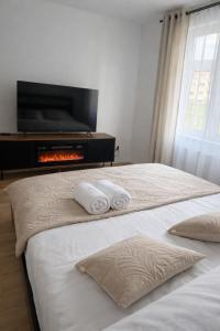 a bedroom with two beds with a fireplace and a tv at PikApart in Olsztyn
