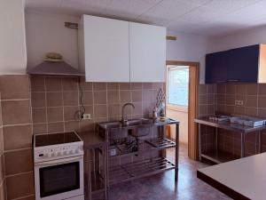 a kitchen with a sink and a stove at Gästehaus Nachtigall in Gädheim