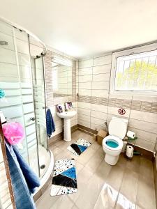a bathroom with a shower and a toilet and a sink at SEASIDE MAISONETTE in Aroyí +24 photos