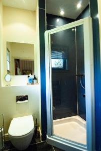 a bathroom with a toilet and a glass shower stall at Suardal Guest House in Fort Augustus