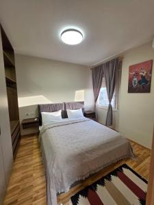 a bedroom with a large bed and a window at Apartment N6 Shkoder in Shkodër