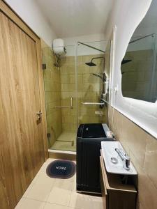 a bathroom with a glass shower and a sink at Luxury Studio Apartment in Ilado