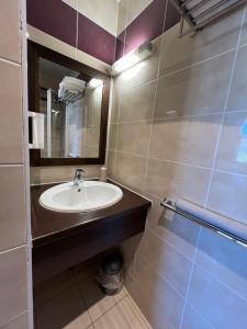 un bagno con lavandino e specchio di Hotel Thonon Centre Le Comte Rouge a Thonon-les-Bains