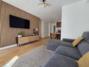 a living room with a couch and a tv on a wall at Appartement Dora in Villiers-sur-Marne