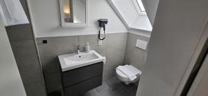 a small bathroom with a sink and a toilet at Gästehof Bützfleth in Stade