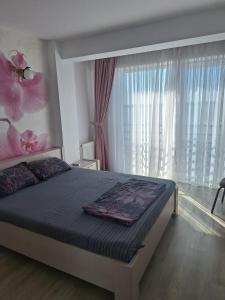 a bedroom with a large bed with a large window at Vila Siana in Mamaia