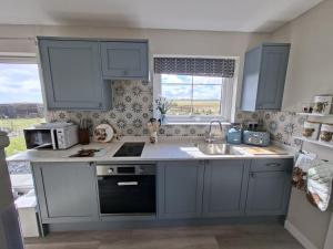 a kitchen with blue cabinets and a sink at The Glen Lodges, Muriel Cabin in Auckingill
