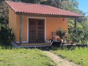 a cat standing in front of a small house at Chalés Jatobá in Areias