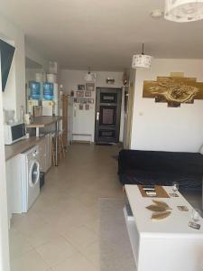 a kitchen and living room with a washer and dryer at Luxury Penthouse Studio with Outdoor Hot Tub and Panoramic Views in Sunny Beach