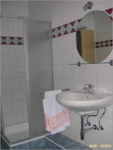 ein Bad mit einem Waschbecken, einer Dusche und einem Spiegel in der Unterkunft Hanko Martina in Litschau