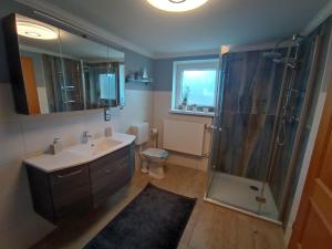 a bathroom with a shower and a sink and a mirror at Ferienwohnung Ankerplatz Züssow in Züssow +7 photos