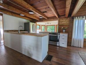 a kitchen with a counter and a stove top oven at Log Cabin with Mountain Views in Palmer