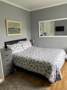 a bedroom with a bed and a dresser and a mirror at Kings Accommodation in Donegal