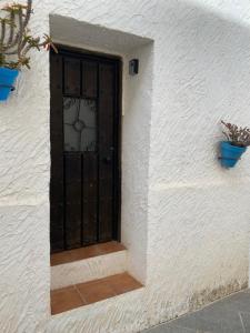 a door in a white wall with two potted plants at Estudio Aryas nest 2 in Mijas