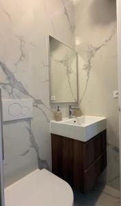 a bathroom with a sink and a toilet and a mirror at El mar in Ventimiglia +5 photos