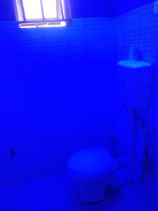 a blue bathroom with a toilet and a window at Urban-den in Kampala