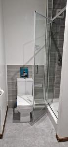 a bathroom with a toilet with a box on top of it at Chezzas Homestay in Poole +14 photos