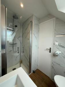 a bathroom with a shower and a white sink at Maison d'exception face à l'océan in Lampaul-Plouarzel