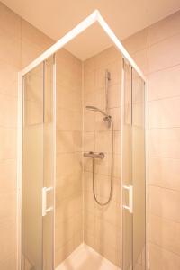 a shower with a glass door in a bathroom at Paradise Retreat in Cambridge