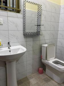 a bathroom with a sink and a toilet and a mirror at Sahel Gardens in Kisubi +1 photo