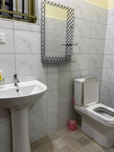 a bathroom with a sink and a toilet and a mirror at Sahel Gardens in Kisubi