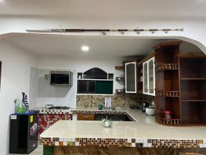 a kitchen with a sink and a counter top at Castle House in Tortuguero
