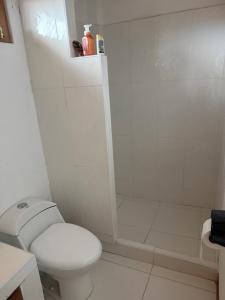 a white bathroom with a shower and a toilet at Casa verde in Vichayito +3 photos
