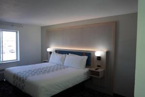 a hotel room with a large bed and a window at Bay Inn & Suites Troy in Troy