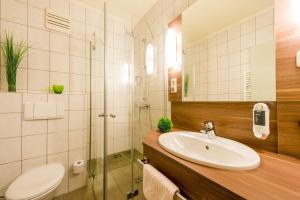 a bathroom with a sink and a toilet and a shower at Gasthaus Wundsam in Neustift im Mühlkreis