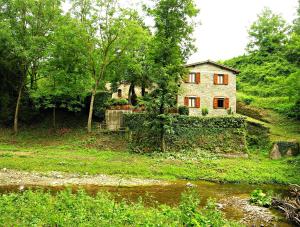 MolezzanoにあるIl Mulino Di Pianelloの川の横の丘に腰掛けた家