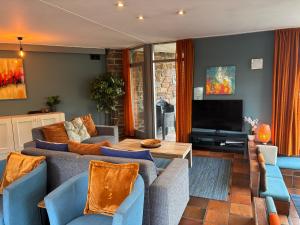 a living room with a couch and chairs and a television at Domaine Heyen in Waimes