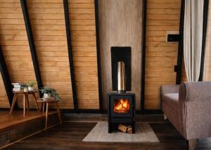 a fireplace in a living room with a couch and a fire at Cabaña Con Impresionante Vista Volcan y Lago AYUN LAFQUEN in Villarrica