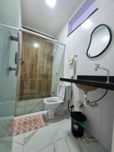 a bathroom with a shower and a toilet and a sink at Hotel Avalon in Benevides