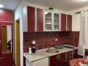 a kitchen with red cabinets and a sink at Apartman Ceca in Lepterija