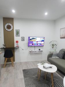 a living room with a couch and a tv at Appart' Cosy proche Mulhouse in Illzach