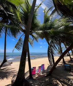 two chairs and palm trees on a beach at Casa do Lord - Natú in Mata de Sao Joao