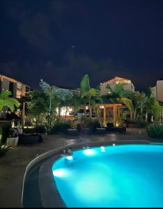 a large blue swimming pool in a yard at night at Samana condo by the beach in Las Terrenas